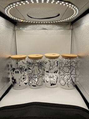 Ghost-Themed Glass Storage Jars with Bamboo Lids - Set of 4
